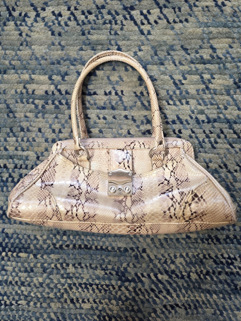 New York & Company Beige Faux Snakeskin Shoulder Bag with Silver Lock